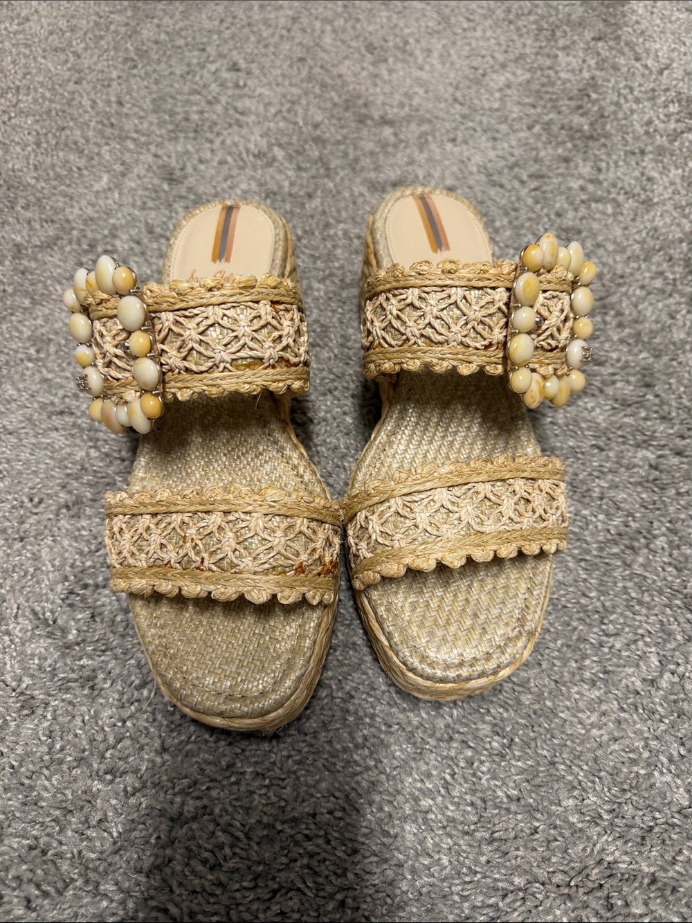 Sam Edelman Raffia Slide Sandals with Beaded Buckles - Cream & Gold